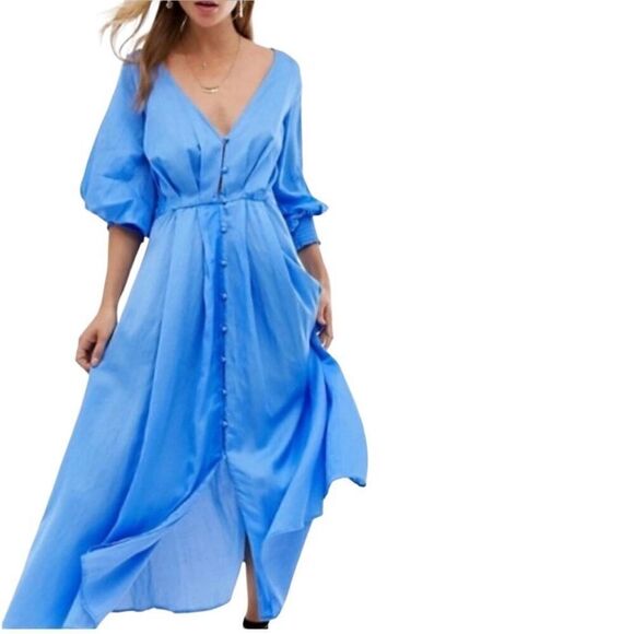 Free People Blue Boho Bohemian Open Back Long Sleeve Midi Dress Size 4 Flowy - Picture 1 of 7